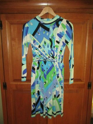 Ladies Vintage Emilio Pucci Blue Green Print Silk Jersey Knit Dress Sz 10 Italy