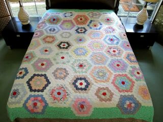Very Rustic Likely Farm Made Vintage Feed Sack Hand Sewn Flower Garden Quilt