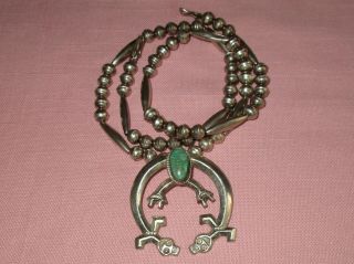 Vintage Early American Indian Navajo Silver Turquoise Sand Cast Pendant Necklace