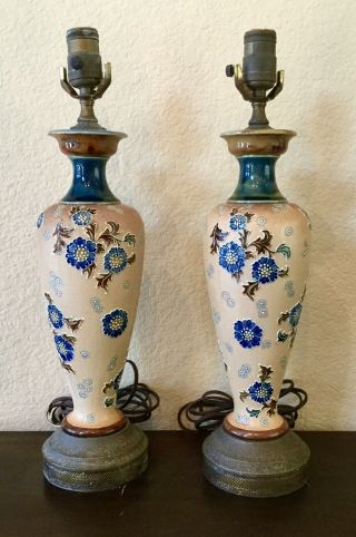 Antique Royal Doulton Stoneware Lambeth Vase Pair Lamps Pottery Vintage
