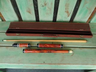 Vintage 4 Pc Hand Carved Cue Pool Stick,  Hard Carry Case
