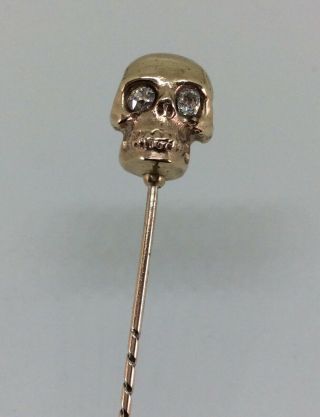 Fine Antique Georgian Memento Mori 9ct Gold Rose Cut Diamond Eyes Skull Stickpin