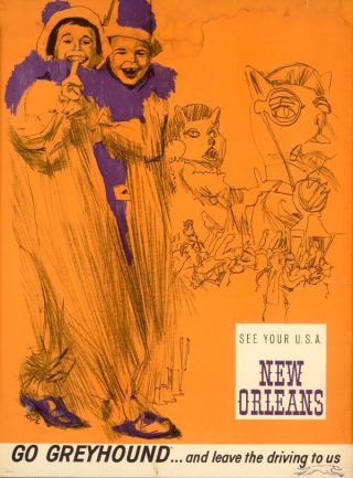 Vintage Travel Poster Greyhound Orleans Mardi Gras Carnival Ghouls
