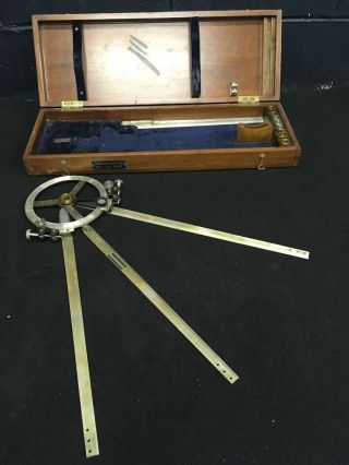 Left - Handed Three Arm Vintage Protractor In Wood Case.  Cdsl