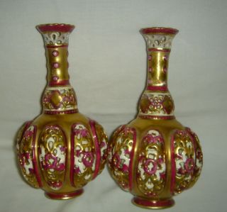 ANTIQUE PAIR ZSOLNAY PEC ' S RETICULATED 6 INCHES TALL VASE ' S PERSIAN INFLUENCES 7