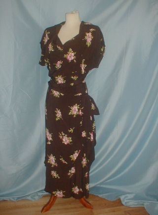 Antique Vintage Dress 1940 Printed Silk Rayon Pink Floral Pattern