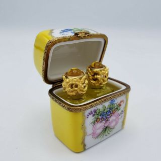 Vintage Peint Main Limoges Yellow Floral Trinket Box With Two Glass Bottles 2 "