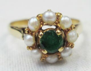 Fine Antique Edwardian 18ct Gold Emerald & Seed Pearl Cluster Ring Size Q
