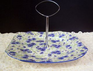 Vintage Shelley One Tier Cake Stand Plate In Blue Pansies Chintz Pattern 8831a.