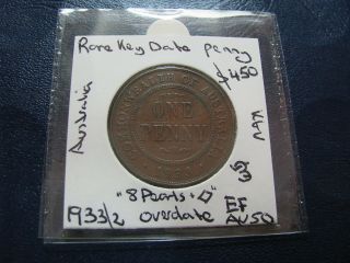 Australia Penny 1933 / 32 Overdate Key Date Coin Rare Strong Overdate Coin Ef