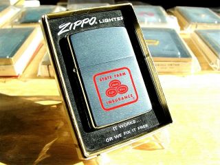 Vintage Unlit 1971 Zippo State Farm Insurance Etch & Paint Ad Lighter W/ Box