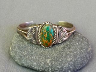 Old Vintage Native American Silver Stamped Green Turquoise Cuff Bracelet