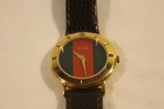 Gucci Vintage Woman’s Watch With Green & Red Face Gold Case Pre - Owned Authentic