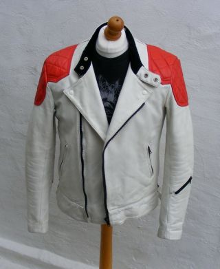 Vtg mens white red leather biker cafe racer jacket bobber 46 large XL Mike Lewis 2