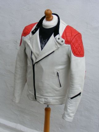 Vtg mens white red leather biker cafe racer jacket bobber 46 large XL Mike Lewis 3