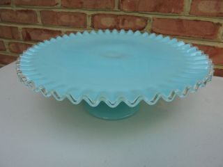 Vintage Fenton Glass Aqua Turquoise Silver Crest Cake Stand 13 1/4 "