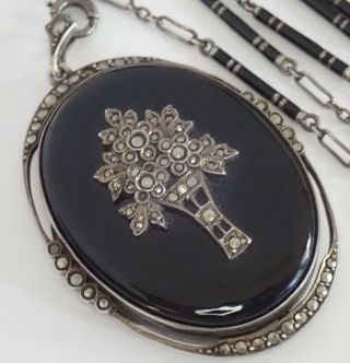Antique Art Deco Sterling Silver Enamel Onyx Marcasite Flower Locket Necklace