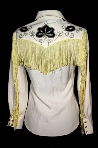 VINTAGE 1970 ' S WHITE POLY KNIT CUSTOM WOMAN ' S WESTERN EMBROIDERED BLOUSE SIZE 32 3