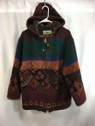 Vtg Ll Bean Coat Jacket Womens Multicolor Hood Zip Aztec Wool Blend Blanket