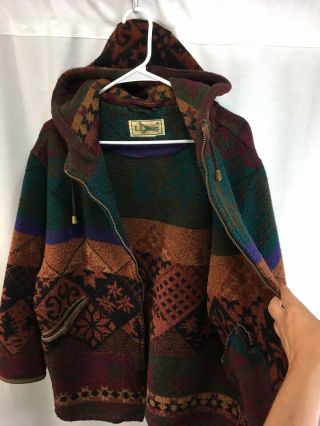 VTG LL Bean Coat Jacket Womens Multicolor Hood Zip Aztec Wool Blend Blanket 4