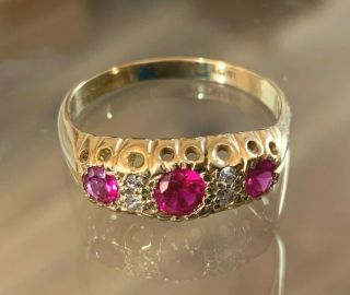 Antique Victorian 18ct Gold Ruby & Diamond Ladies Ring Uk Size X - Large Size