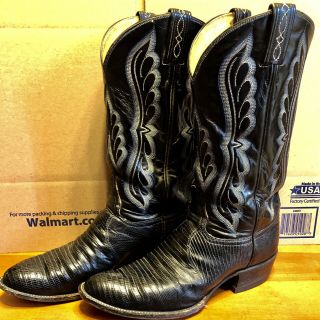 Vintage Tony Lama Teju Lizard Skin Cowboy Western Black Boots Mens Sz 9.  5d 8539