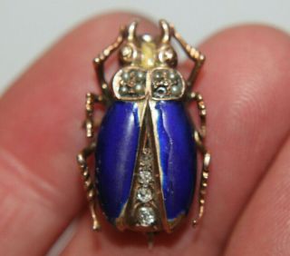 Antique 14k Gold Enamel Mine Cut Diamond Seed Pearl Bug Beetle Pin Brooch