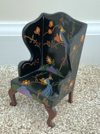 Vintage Antique Miniature Tynietoy Dollhouse Doll Wood Wing Back Chair