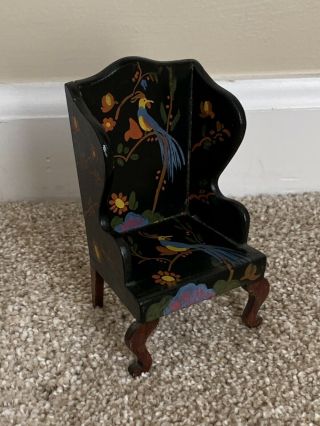 Vintage Antique Miniature Tynietoy Dollhouse Doll Wood Wing Back Chair 2
