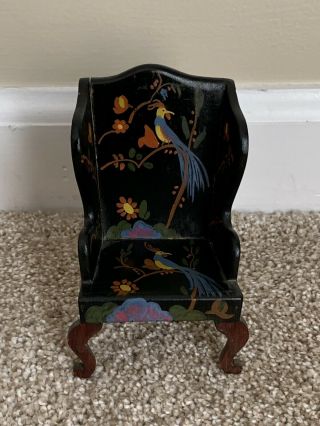 Vintage Antique Miniature Tynietoy Dollhouse Doll Wood Wing Back Chair 3