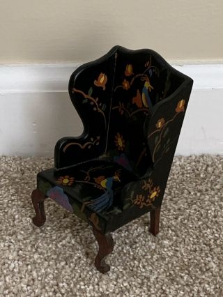 Vintage Antique Miniature Tynietoy Dollhouse Doll Wood Wing Back Chair 7