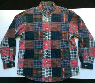 Vintage Ralph Lauren Patchwork Multicolor Button Down Flannel Shirt Size Xl