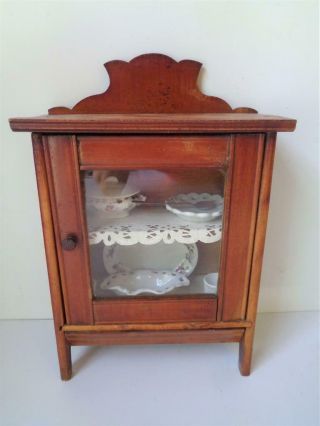 11.  5 " Antique Miniature Doll Cupboard China Cabinet With Porcelain Dishes German
