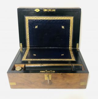 Antique Victorian Burr Walnut Brass Bound Writing Slope Box With Key And Inkwell