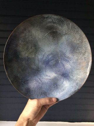 Peg Miller Signed Modern Enamel Round Copper Plate Blue Vintage 11.  25”