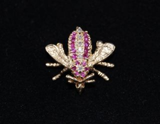 Vintage Mid Century 14k Gold Bee Insect Pin Brooch Natural Ruby Diamond 3.  3g Fun