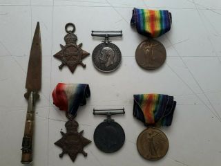 Rare 2 X Ww1 Medal Trios To Brothers,  1 X Killed In Action,  Hill 60 Trench Art