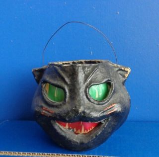 Vintage Antique Halloween Black Cat Head Lantern - Pulp Paper Mache