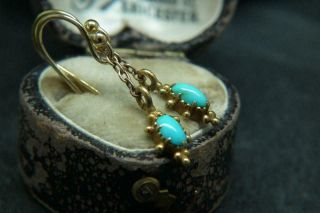 Antique Georgian High Carat Gold & Turquoise Earrings W Later 1/20 14kt Ear Wire