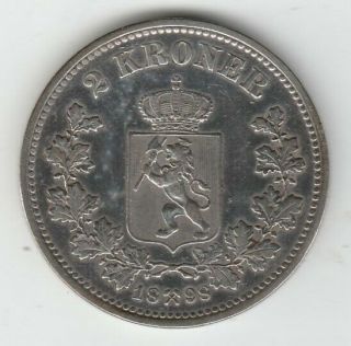 1898 Norway 2 Kroner Silver Low Mintage Rare Polished
