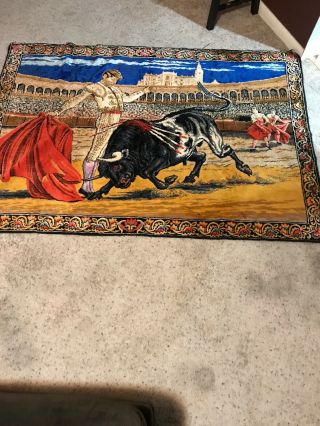 Vintage Tapestry Rug Wall Hanging Bull Fight Matador Design Approx.  67 X 48