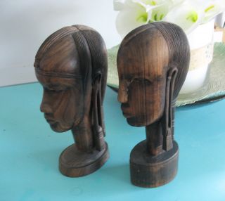 Two Vintage Tribal Head Art Sculptures African Hand Carved Solid Wood 9 " Tall