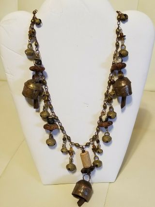 Unique Vintage Folk Art Mini Cow Bell Necklace Jewelry Handcrafted