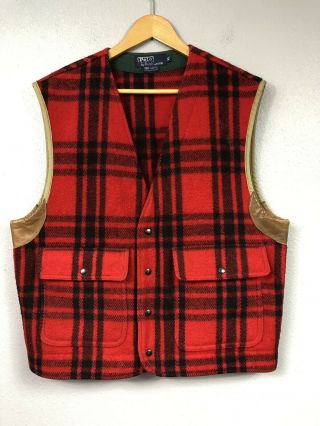 Polo Ralph Lauren Xl Red Buffalo Plaid Wool Sweater Vest Hunting Vtg Leather Rrl