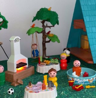 Vintage Fisher Price Little People A - Frame,  Playmobil Treehouse,  Outdoor Party Bbq