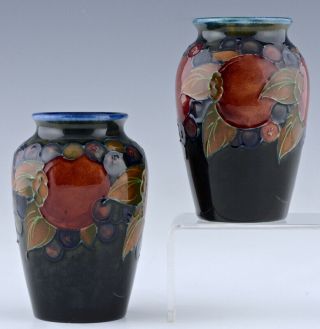 Pair Rare Vintage Moorcroft Pottery Pomegranate Pattern Small / Miniature Vases