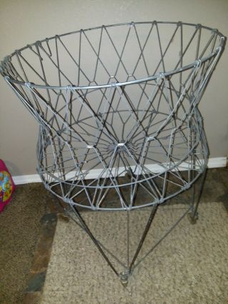 Vintage Allied Collapsible Metal Wire Laundry Display Basket With Wheels