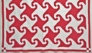 Antique 1900 ' s Handmade Hand Stitched Red White Pinwheel Quilt 84 