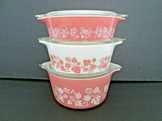 Set Of 3 Vintage Pyrex Pink Gooseberry Casserole Dishes W/ Lids 471 - 472 - 473
