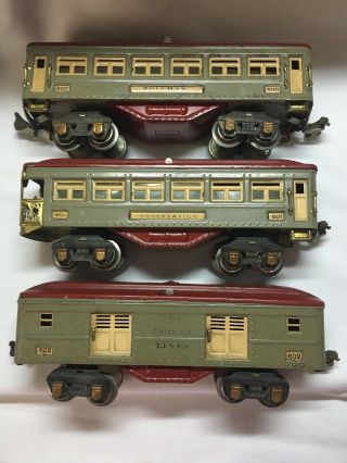 Vintage Lionel O Guage Pre War Pullman 601 Observation 602 & 603 Train Cars 2